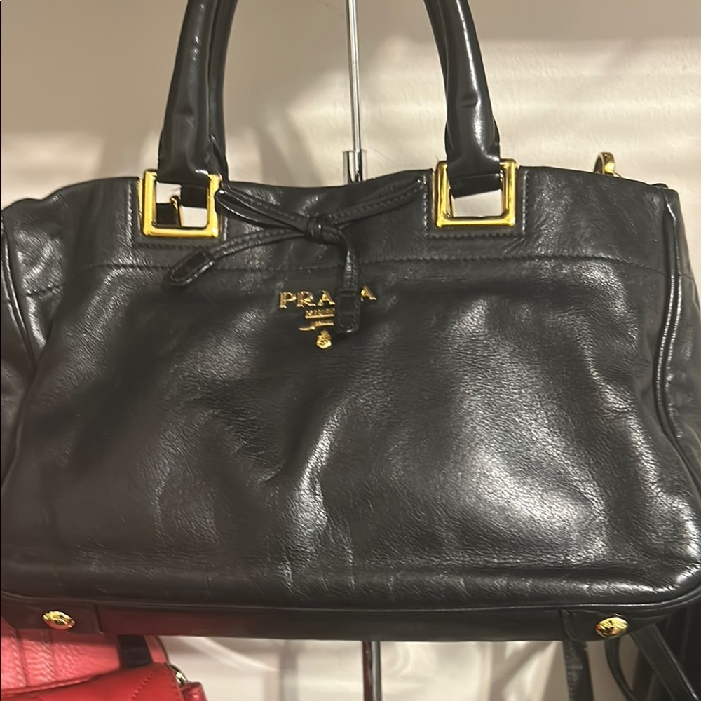 Authentic Prada Black Calf Leather Crossbody Bag with Gold Accents